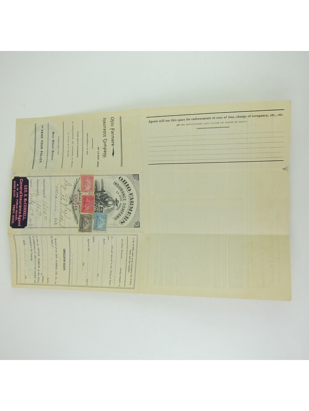 1902 Ohio Farmers Insurance Policy Le Roy Scott R162, R163, R164, R166 Tax Stamp - Picture 10 of 13